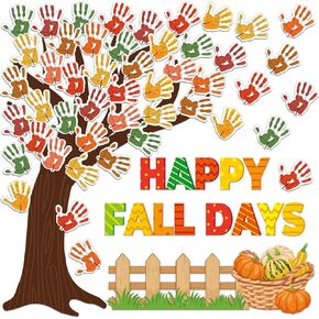 Fall Tree Bulletin Board Sets Autumn Fall Classroom Tree Bulletin Board Wall Decorations Happy Fall Cutouts with Handprint Maple Leaves Pumpkin for Thanksgiving Party Home Classroom School Supplies