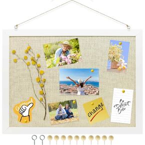 Cork Board for Walls, 16 "x12 Small Linen Bulletin Board Hanging Pin Board Office Corkboards for Wall Room School Decor with 10 Pushpins (Vintage White)