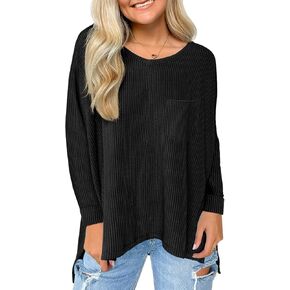 Tankaneo Womens Long Sleeve Tunic Tops Textrued Crew Neck Casual Loose Fit Blouse Shirts
