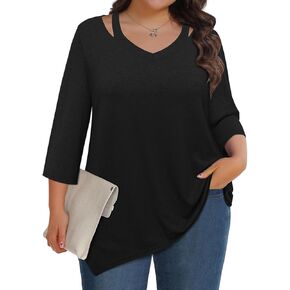Siddhe Womens Plus Size 3/4 Sleeve Tops Dressy Casual Blouses V Neck Plus Size Tunic Tops Swing Fall Shirt(XL-5XL)