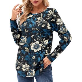 Women Tops Fall Long Sleeve Crewneck Shirts Dressy Casual Tunic Basic Loose T Shirt Side Split Trendy Blouses