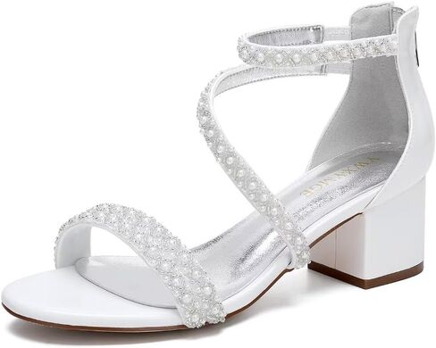 Low Block Heel Wedding Sandals for Bride Open Toe Wedding Shoes Pearl Wedding Heels Bridal Shoes in Kuwait