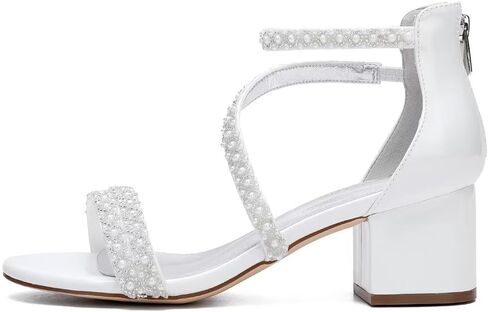Low Block Heel Wedding Sandals for Bride Open Toe Wedding Shoes Pearl Wedding Heels Bridal Shoes in Kuwait
