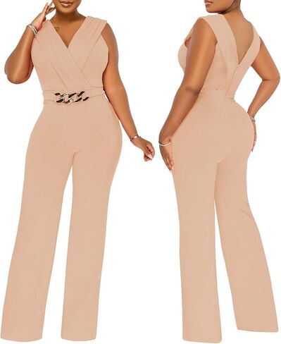 Women's Summer Formal Dressy Jumpsuits Elegant V Neck Sleeveless Party Rompers Stretchy Wrap Wide Leg Long Pants Clubwear in Kuwait