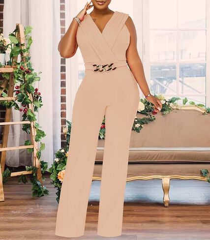 Women's Summer Formal Dressy Jumpsuits Elegant V Neck Sleeveless Party Rompers Stretchy Wrap Wide Leg Long Pants Clubwear in Kuwait