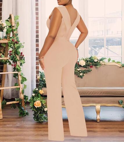 Women's Summer Formal Dressy Jumpsuits Elegant V Neck Sleeveless Party Rompers Stretchy Wrap Wide Leg Long Pants Clubwear in Kuwait