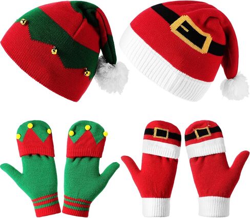 Civaner 4 Pieces Christmas Elf Knitted Hat Elf Hats for Kids Flip Mittens Women Convertible Fingerless Gloves for Women Flip Top Gloves Christmas Mittens for Girls, Boys, Women and Men in Saudi Arabia