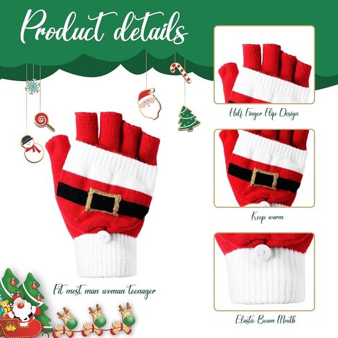 Civaner 4 Pieces Christmas Elf Knitted Hat Elf Hats for Kids Flip Mittens Women Convertible Fingerless Gloves for Women Flip Top Gloves Christmas Mittens for Girls, Boys, Women and Men in Saudi Arabia