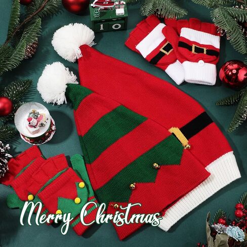Civaner 4 Pieces Christmas Elf Knitted Hat Elf Hats for Kids Flip Mittens Women Convertible Fingerless Gloves for Women Flip Top Gloves Christmas Mittens for Girls, Boys, Women and Men in Saudi Arabia