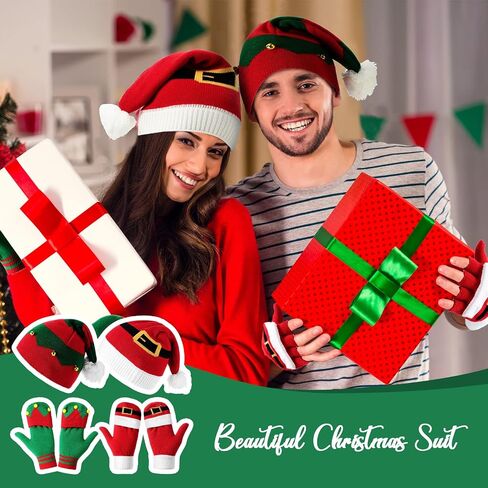 Civaner 4 Pieces Christmas Elf Knitted Hat Elf Hats for Kids Flip Mittens Women Convertible Fingerless Gloves for Women Flip Top Gloves Christmas Mittens for Girls, Boys, Women and Men in Saudi Arabia
