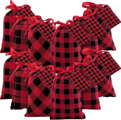 Aneco 12 قطعة صغيرة من القطن لعيد الميلاد منقوشة باللون الأحمر والأسود حقيبة برباط منقوشة مقاس 7.8 × 5.9 بوصة لتخزين كيس تخزين عيد الميلاد وحقيبة حلوى وحقائب هدايا للحفلات مع 20 بطاقة عيد الميلاد in Kuwait