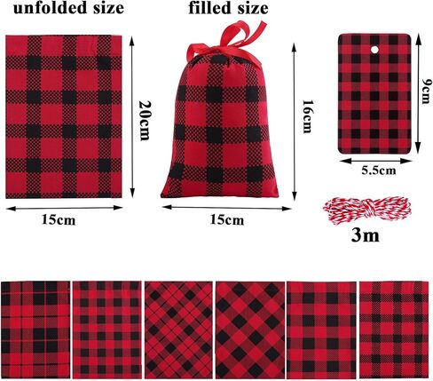 Aneco 12 قطعة صغيرة من القطن لعيد الميلاد منقوشة باللون الأحمر والأسود حقيبة برباط منقوشة مقاس 7.8 × 5.9 بوصة لتخزين كيس تخزين عيد الميلاد وحقيبة حلوى وحقائب هدايا للحفلات مع 20 بطاقة عيد الميلاد in Kuwait