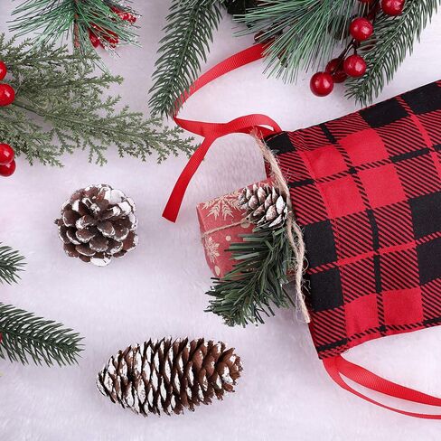 Aneco 12 قطعة صغيرة من القطن لعيد الميلاد منقوشة باللون الأحمر والأسود حقيبة برباط منقوشة مقاس 7.8 × 5.9 بوصة لتخزين كيس تخزين عيد الميلاد وحقيبة حلوى وحقائب هدايا للحفلات مع 20 بطاقة عيد الميلاد in Kuwait