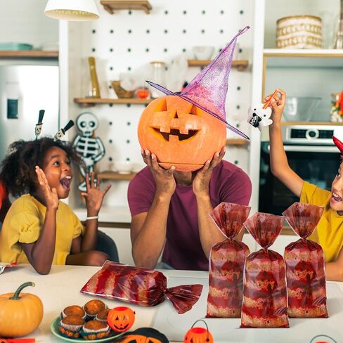 100 Pcs Halloween Cellophane Bags Creepy Carnival Party Favors Plastic Treat Bags Trick or Treat Spooky Goodie Candy Bags with Ties Halloween Circus Carnival Decorations Gifts Supplies(Spooky Style) in Saudi Arabia