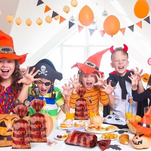 100 Pcs Halloween Cellophane Bags Creepy Carnival Party Favors Plastic Treat Bags Trick or Treat Spooky Goodie Candy Bags with Ties Halloween Circus Carnival Decorations Gifts Supplies(Spooky Style) in Saudi Arabia