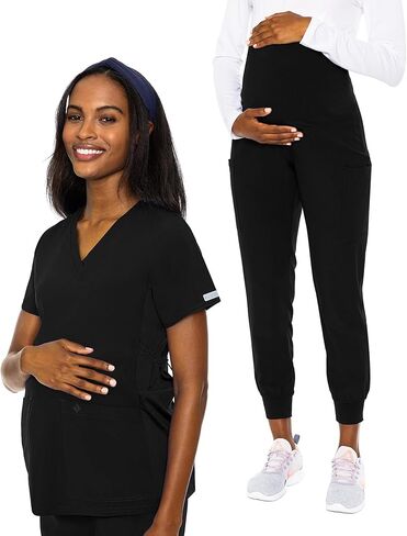 Med Couture Medical Scrub Set for Women Maternity V-Neck Top MC628 Maternity Jogger MC029 with Jersey Knit for Belly Coverage, Black - 3XL Top / 3XL Pant in Saudi Arabia