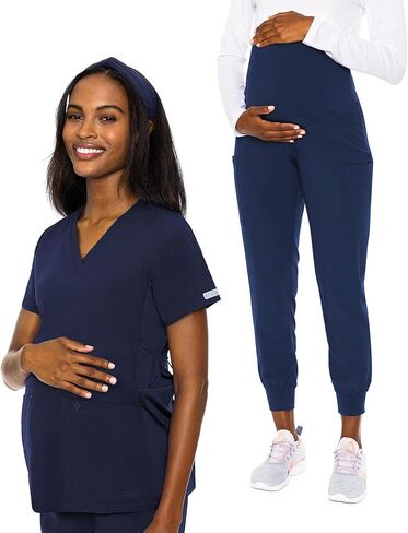 Med Couture Medical Scrub Set for Women Maternity V-Neck Top MC628 Maternity Jogger MC029 with Jersey Knit for Belly Coverage, Navy - 2XL Top / 2XL Pant in Kuwait