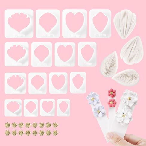 16 قطعة من قواطع طين بتلات الزهور، 4 أشكال ثلاثية الأبعاد قوالب طين بوليمر صغيرة لصنع الأقراط، تروس بتلات الزهور، قالب ضغط مجوهرات على شكل قلب وأزهار وأوراق الشجر in Kuwait