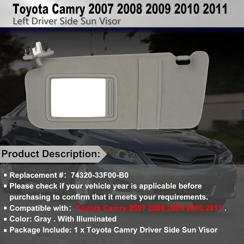 Driver Left Side Sun Visor Compatible with Toyota Camry 2007 2008 2009 2010 2011 Sun Shade with Light Replacement # 74320-33F00-B0 (Gray) in Saudi Arabia