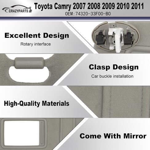 Driver Left Side Sun Visor Compatible with Toyota Camry 2007 2008 2009 2010 2011 Sun Shade with Light Replacement # 74320-33F00-B0 (Gray) in Saudi Arabia