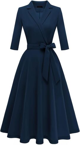 Meetjen Women's V-Neck Formal Dresses 3/4 Sleeve Modest Church Dress Fit and Flare Cocktail Dress for Wedding Guest in Saudi Arabia