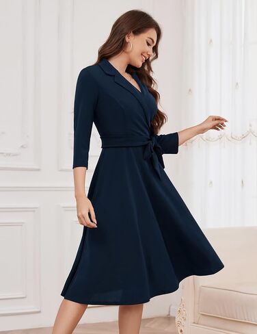 Meetjen Women's V-Neck Formal Dresses 3/4 Sleeve Modest Church Dress Fit and Flare Cocktail Dress for Wedding Guest in Saudi Arabia