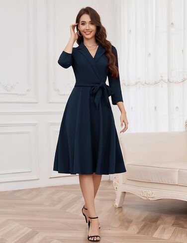 Meetjen Women's V-Neck Formal Dresses 3/4 Sleeve Modest Church Dress Fit and Flare Cocktail Dress for Wedding Guest in Saudi Arabia