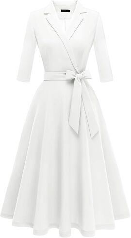 Meetjen Women's V-Neck Formal Dresses 3/4 Sleeve Modest Church Dress Fit and Flare Cocktail Dress for Wedding Guest in Saudi Arabia
