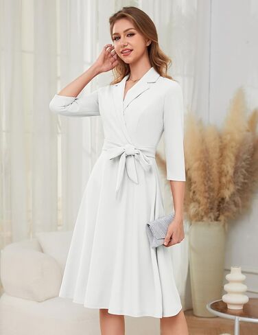 Meetjen Women's V-Neck Formal Dresses 3/4 Sleeve Modest Church Dress Fit and Flare Cocktail Dress for Wedding Guest in Saudi Arabia