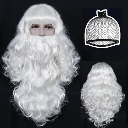 Anogol Wig Cap+ Santa Claus Wig with Beard( 2 Eyebrows + 1 Christmas Hat ) Santa Wig Cosplay Santa Claus Beard and Wig Set White Beard Wig Synthetic Hair for Christmas Costume Halloween Party Wig in Saudi Arabia