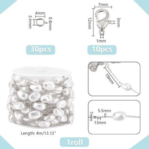 PH PandaHall 13 Feet Imitation Pearl Chain, Brass Chain Artificial Pearl Jewelry Silver Chain Pearl Cable Chain for Jewelry Making Bracelets Necklaces DIY Handicrafts in Saudi Arabia