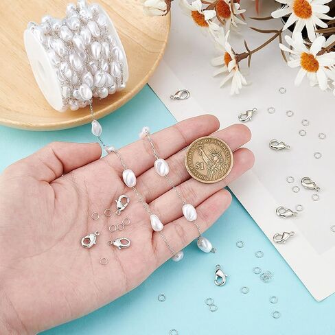 PH PandaHall 13 Feet Imitation Pearl Chain, Brass Chain Artificial Pearl Jewelry Silver Chain Pearl Cable Chain for Jewelry Making Bracelets Necklaces DIY Handicrafts in Saudi Arabia