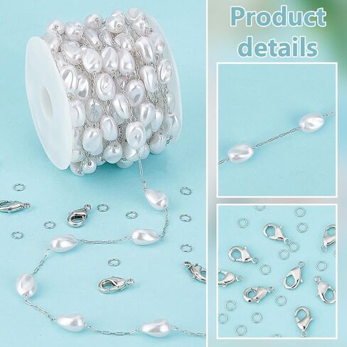 PH PandaHall 13 Feet Imitation Pearl Chain, Brass Chain Artificial Pearl Jewelry Silver Chain Pearl Cable Chain for Jewelry Making Bracelets Necklaces DIY Handicrafts in Saudi Arabia