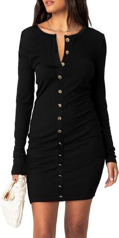 HYPERFIRE Women's Long Sleeve Button Down Dress Crew Neck Bodycon Ribbed Mini Dresses Club in Saudi Arabia