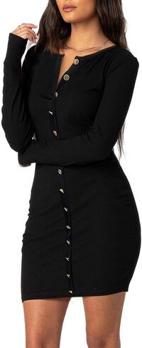 HYPERFIRE Women's Long Sleeve Button Down Dress Crew Neck Bodycon Ribbed Mini Dresses Club in Saudi Arabia