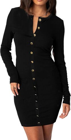 HYPERFIRE Women's Long Sleeve Button Down Dress Crew Neck Bodycon Ribbed Mini Dresses Club in Saudi Arabia