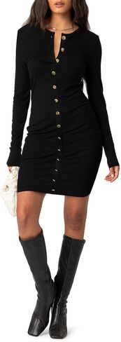 HYPERFIRE Women's Long Sleeve Button Down Dress Crew Neck Bodycon Ribbed Mini Dresses Club in Saudi Arabia