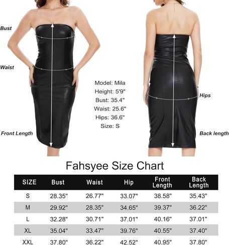 Fahsyee Bodycon Faux Leather Dress - Black Strapless Dresses for Women Summer with Sexy Tube Top Midi Length for Party Club in Kuwait