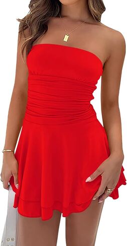 Women 2025 Summer Strapless Tube Dress Sexy Off Shoulder Ruffle Tiered Flowy Mini Dresses Vacation Outfits in Saudi Arabia