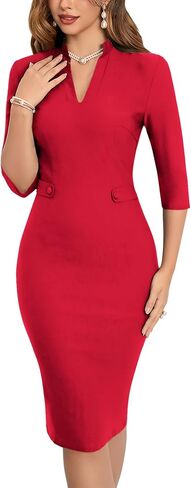 MUXXN Women's 1950s Retro 3/4 Sleeve V Neck Midi Sheath Vintage Cocktail Work Pencil Dresses in Kuwait