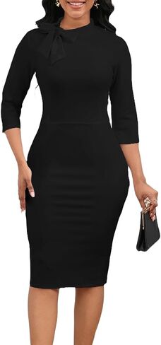 Women's Retro 1950s 3/4 Sleeve Tie Neck Bodycon Midi Dress Elegant Church Dress in Saudi Arabia