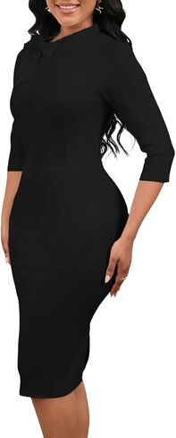 Women's Retro 1950s 3/4 Sleeve Tie Neck Bodycon Midi Dress Elegant Church Dress in Saudi Arabia