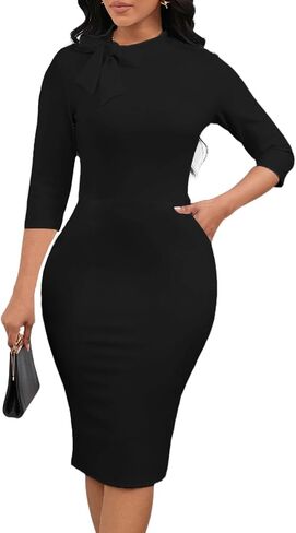 Women's Retro 1950s 3/4 Sleeve Tie Neck Bodycon Midi Dress Elegant Church Dress in Saudi Arabia