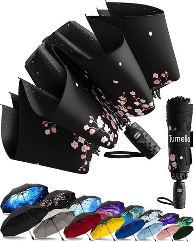 TUMELLA Strongest Windproof Reversed Travel Umbrella, Small Strong but Light Portable and Automatic Folding Rain Umbrella, Durable Premium Grip, Fits Car & Backpack in Saudi Arabia