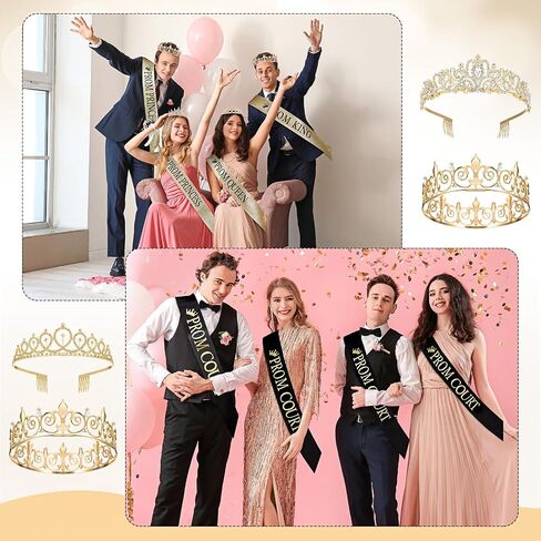 16 Pcs Prom King and Prom Queen 80s Prom Decor Crowns Tiara Sash Shiny Satin for Party Favors Adults Cosplay Decorations (Exquisite Styles) in Saudi Arabia