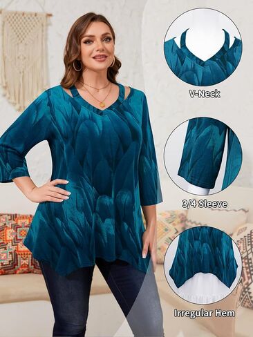 Siddhe Womens Plus Size 3/4 Sleeve Tops Dressy Casual Blouses V Neck Plus Size Tunic Tops Swing Fall Shirt(XL-5XL) in Saudi Arabia