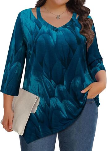 Siddhe Womens Plus Size 3/4 Sleeve Tops Dressy Casual Blouses V Neck Plus Size Tunic Tops Swing Fall Shirt(XL-5XL) in Saudi Arabia