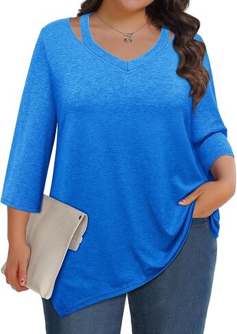 Siddhe Womens Plus Size 3/4 Sleeve Tops Dressy Casual Blouses V Neck Plus Size Tunic Tops Swing Fall Shirt(XL-5XL) in Saudi Arabia