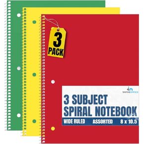 1InTheOffice 3 Subject Wide Ruled Spiral Notebook 8x 10.5, 120 Sheets, Assorted Colors, 3/Pack