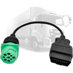 OBD2 to J1939 Green Type 2 Adapter Cable (16 Pin Male to 9 Pin Female) for Heavy Duty Trucks and Commercial Vehicles with 9 Pin to 16pin OBD II Truck Diagnostic Connector
